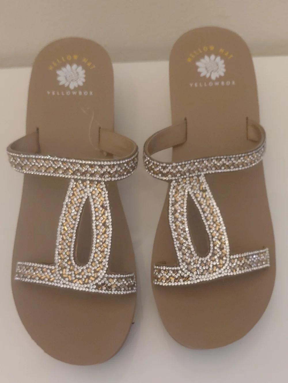 New Yellow Box Taupe Slide Sandals with Gold & Silver Beading - Picture 1 of 4